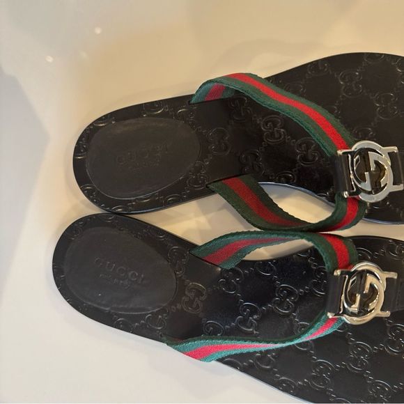 Gucci GG Web Stripe Thong Sandals EU 37.5 US7.5 Black Stripe Flip Flop Slides - Picture 6 of 7